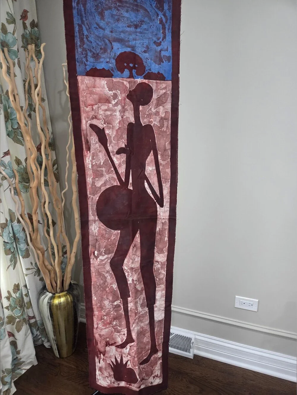 Handmade Maroon and Blue African Silhouette Wall Hanging 44×15in.